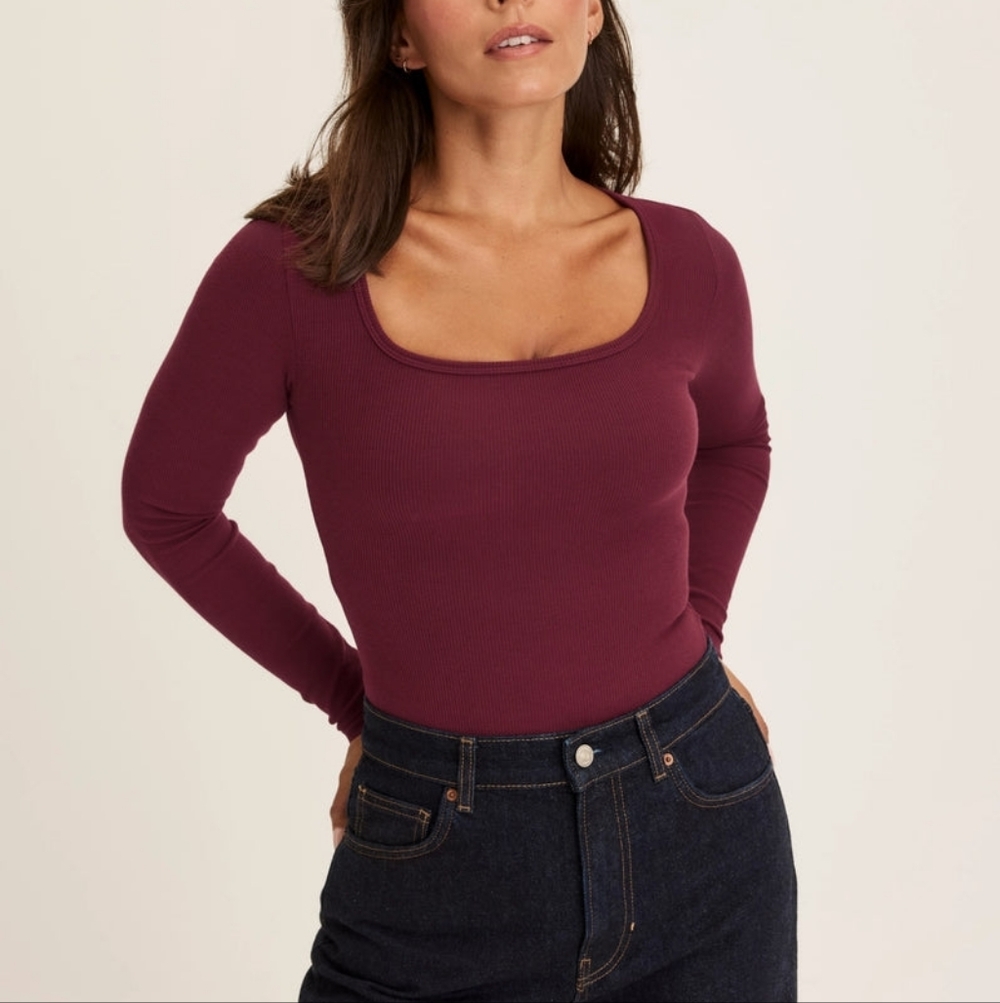 Knix SculptRib Cotton Long Sleeve Top In Dark Cherry NEW